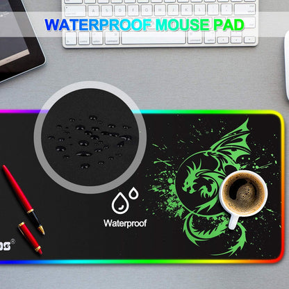 Large RGB Mouse Pad Anime Dragon Mouse Mat LED with 15 Lighting Modes for Gaming 31.5 X 12 Inch (Green)