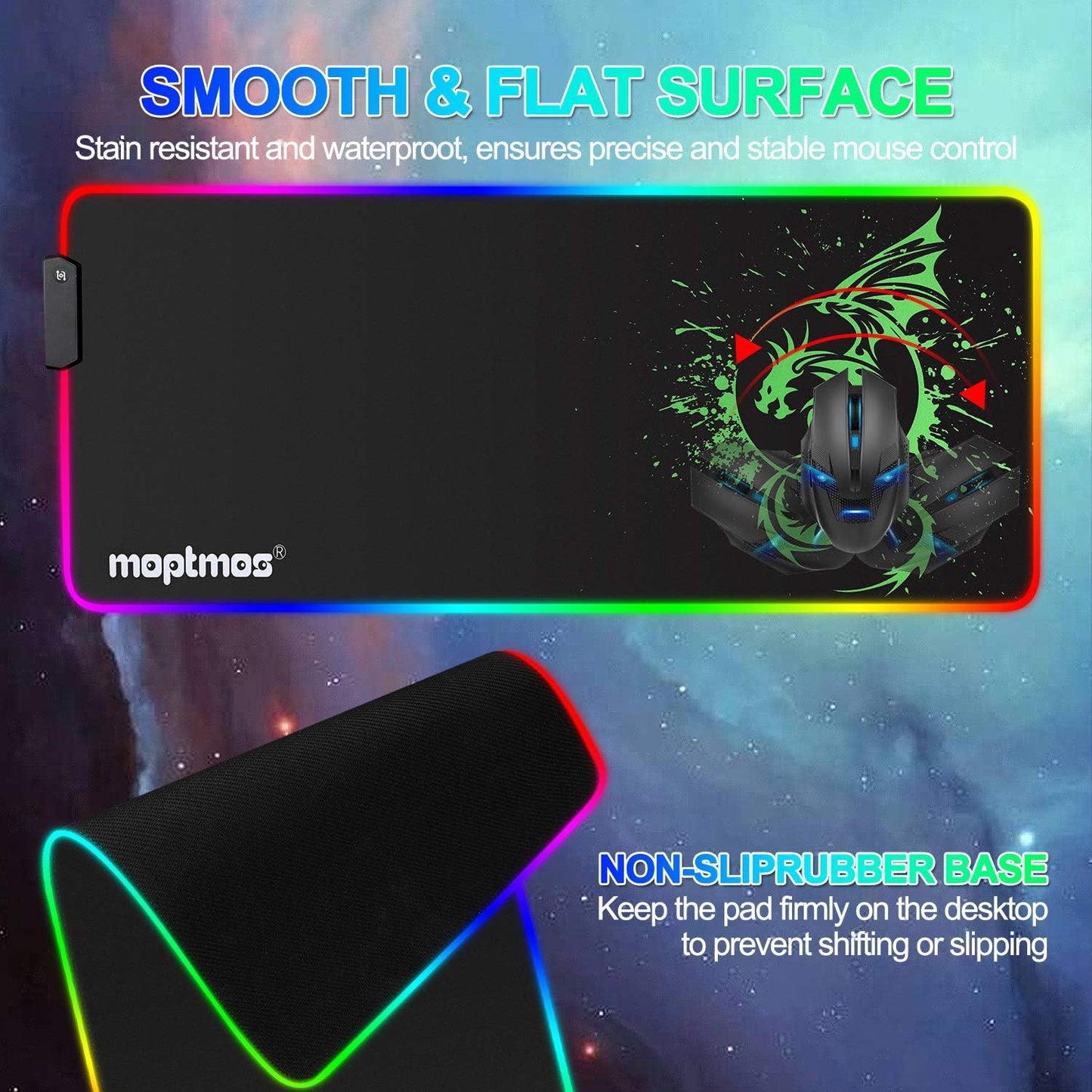 Large RGB Mouse Pad Anime Dragon Mouse Mat LED with 15 Lighting Modes for Gaming 31.5 X 12 Inch (Green)