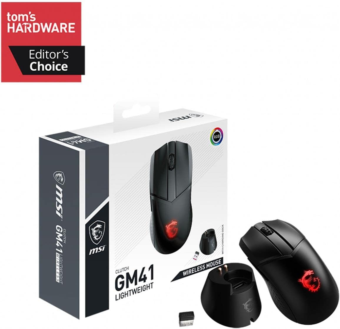 Clutch GM41 Lightweight Wireless Gaming Mouse & Charging Dock, 20,000 DPI, 60M Omron Switches, Fast-Charging 80Hr Battery, RGB Mystic Light, 6 Programmable Buttons, Pc/Mac