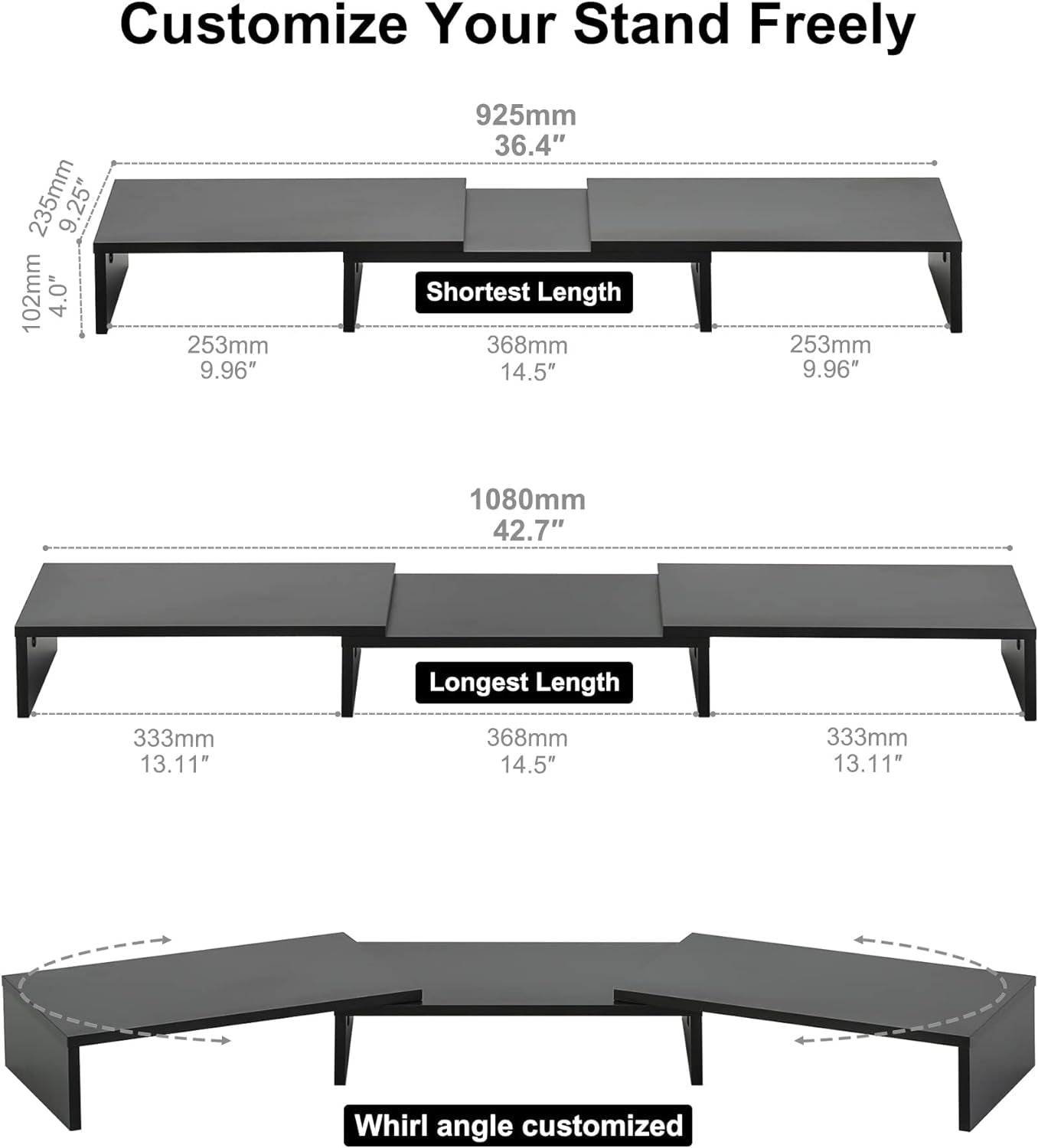 Dual Monitor Stand – 3 Shelf Computer Monitor Riser, Wood Desktop Stand with Adjustable Length and Angle, Desk Accessories, Office Supplies Medium Black, DT108008WW