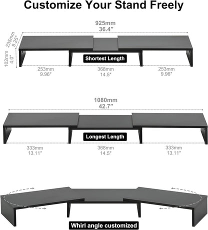 Dual Monitor Stand – 3 Shelf Computer Monitor Riser, Wood Desktop Stand with Adjustable Length and Angle, Desk Accessories, Office Supplies Medium Black, DT108008WW