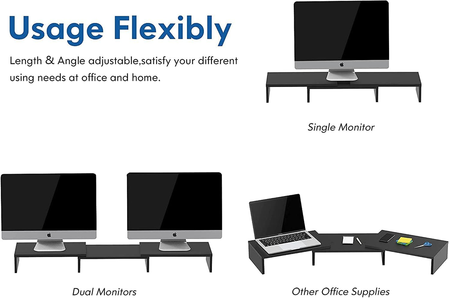 Dual Monitor Stand – 3 Shelf Computer Monitor Riser, Wood Desktop Stand with Adjustable Length and Angle, Desk Accessories, Office Supplies Medium Black, DT108008WW