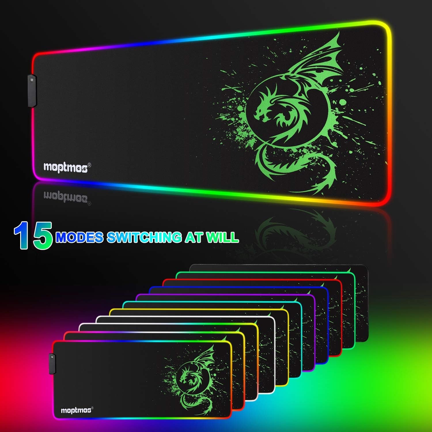 Large RGB Mouse Pad Anime Dragon Mouse Mat LED with 15 Lighting Modes for Gaming 31.5 X 12 Inch (Green)