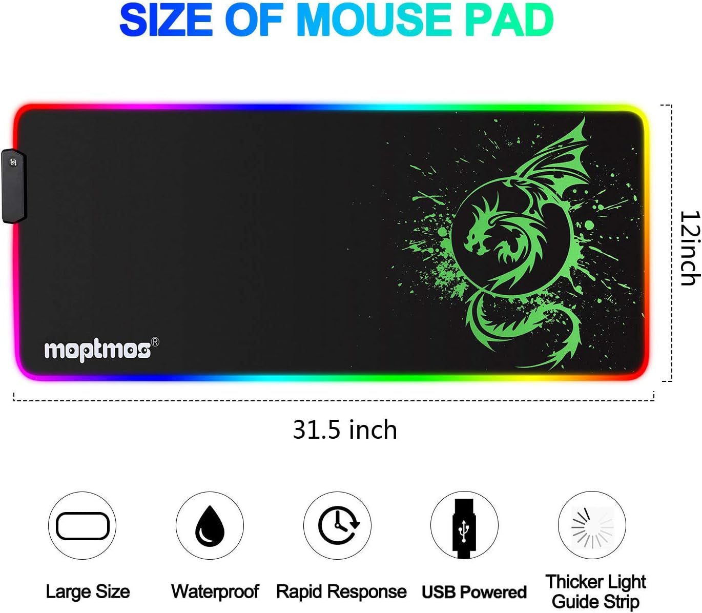 Large RGB Mouse Pad Anime Dragon Mouse Mat LED with 15 Lighting Modes for Gaming 31.5 X 12 Inch (Green)