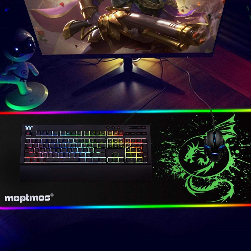 Large RGB Mouse Pad Anime Dragon Mouse Mat LED with 15 Lighting Modes for Gaming 31.5 X 12 Inch (Green)