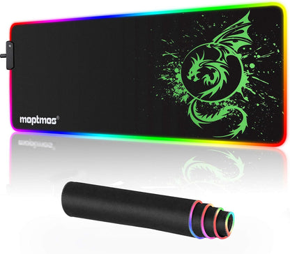 Large RGB Mouse Pad Anime Dragon Mouse Mat LED with 15 Lighting Modes for Gaming 31.5 X 12 Inch (Green)